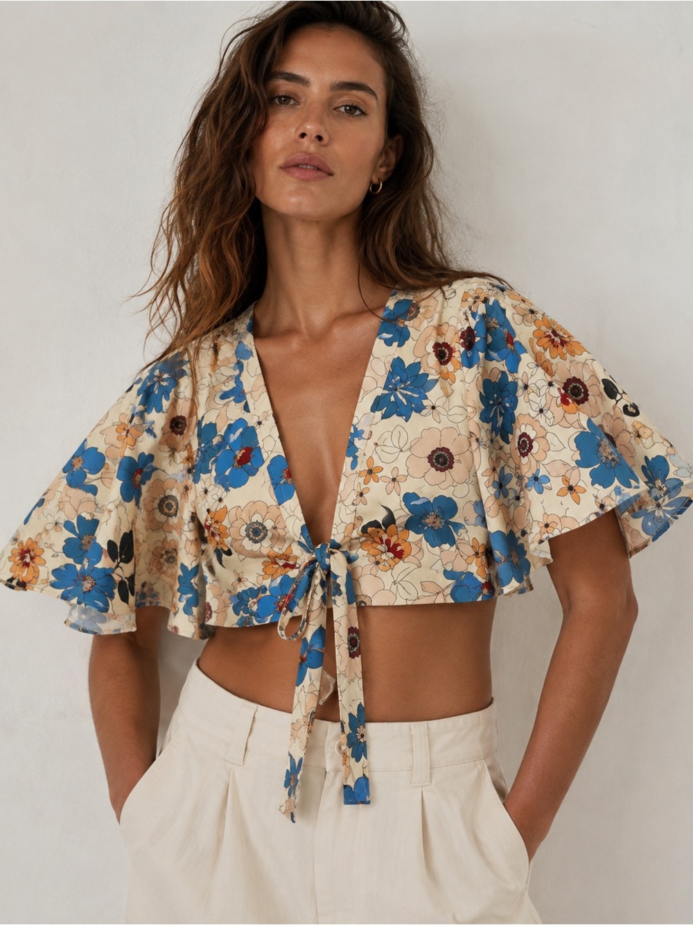 Zara Floral Tie-Front Crop Top in Beige and Blue